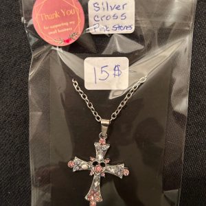 Silver cross pink stones