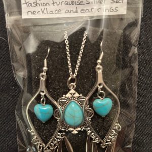 Turquoise blue heart ear rings and silver necklace